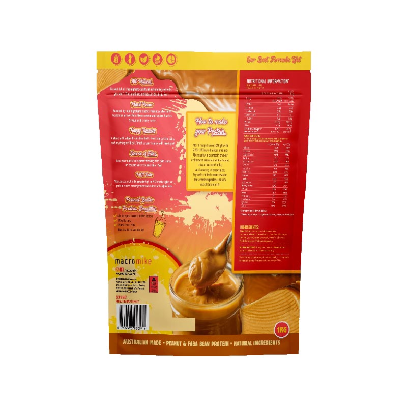 Back of Macro Mike Original Peanut Butter Protein 1kg packaging with label and nutrition information