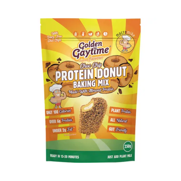 Macro Mike Protein Donut Baking Mix in Golden Gaytime Choc Chip flavor, 250g packaging with nutritional highlights.