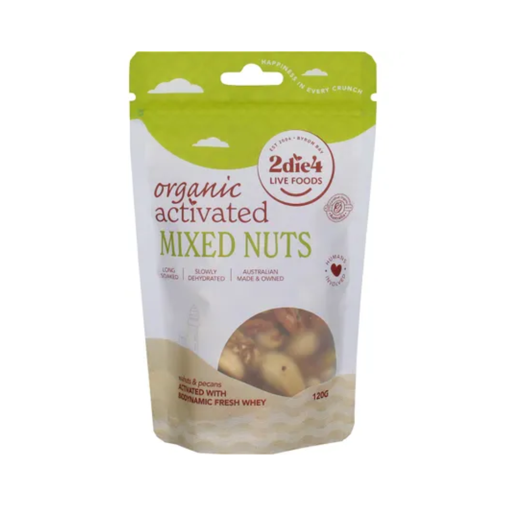 2die4 Live Foods Organic Activated Mixed Nuts with Fresh Whey 120g front pack