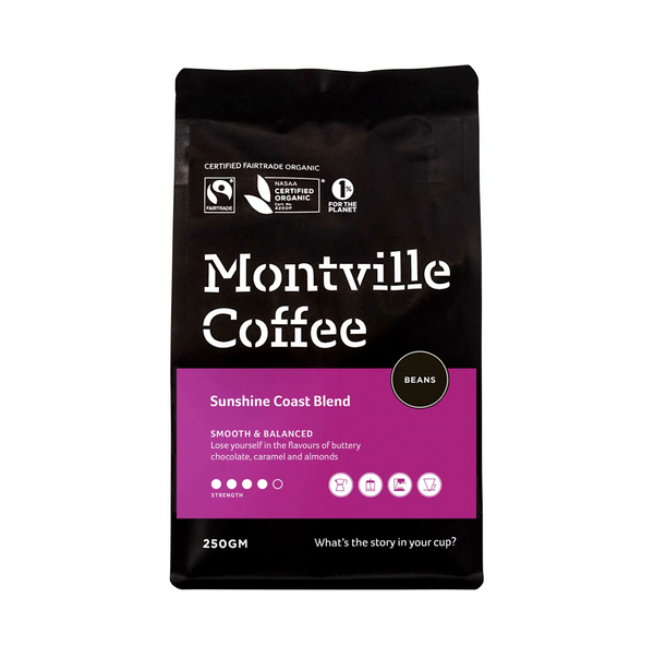 Montville Coffee Sunshine Coast Blend 250g pack featuring smooth and balanced flavors of chocolate and caramel.