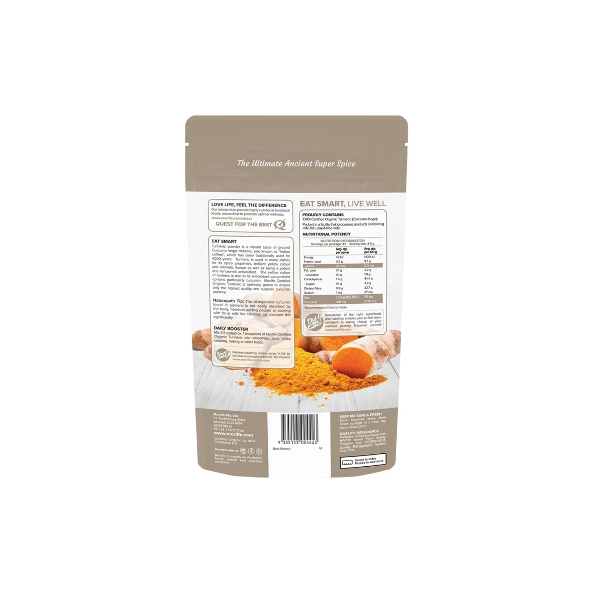 Back packaging of Morlife Organic Turmeric 150g with nutritional information and usage instructions.