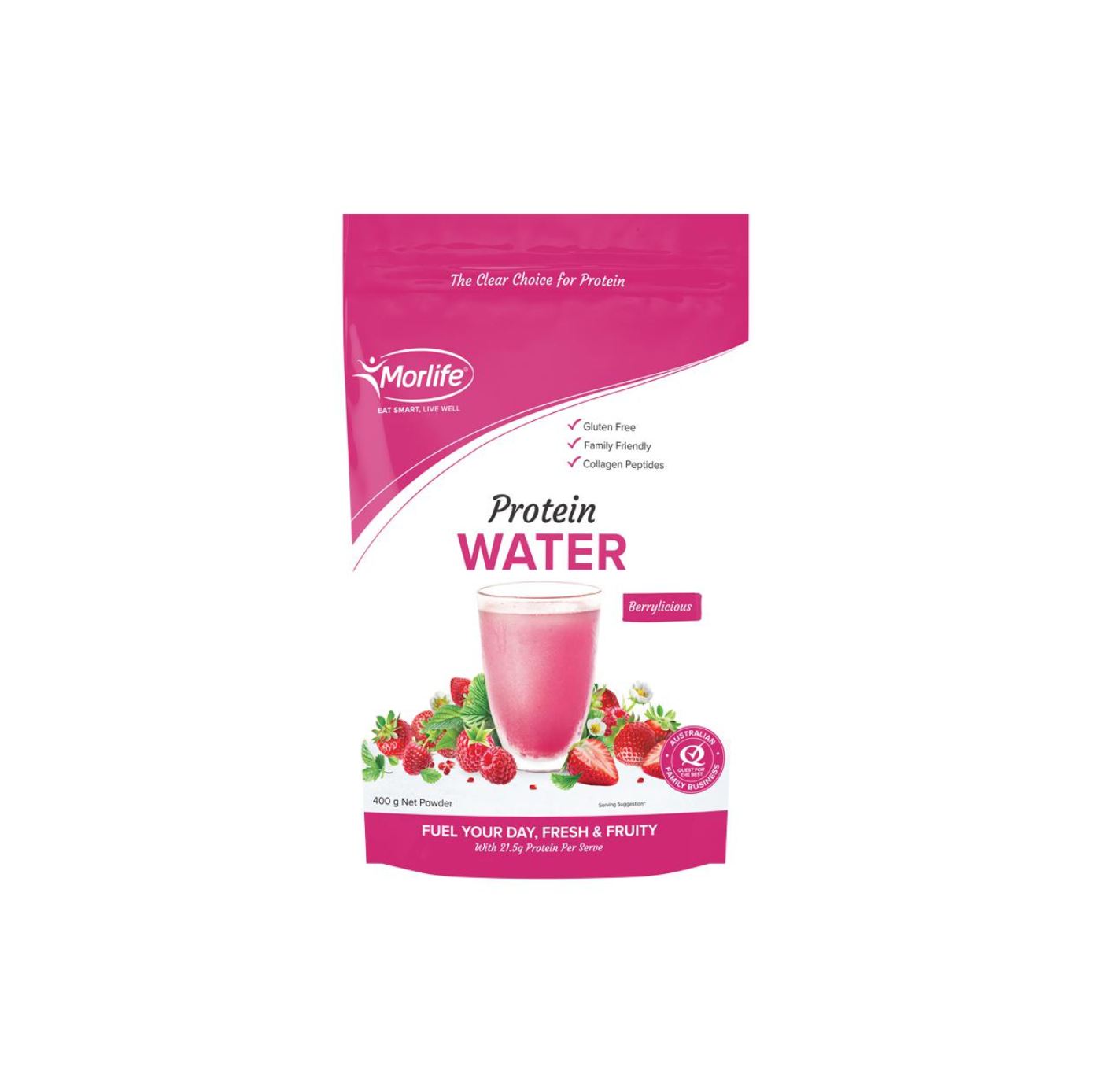 Morlife Protein Water Berrylicious 400g pack, fruity drink with hydrolysed collagen, low-calorie protein boost.