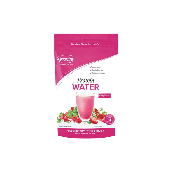 Morlife Protein Water Berrylicious 400g pack, fruity drink with hydrolysed collagen, low-calorie protein boost.