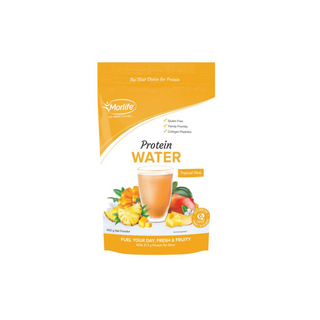 Morlife Protein Water Tropical Glow 400g packaging featuring fruity drink with tropical flavor for protein boost.