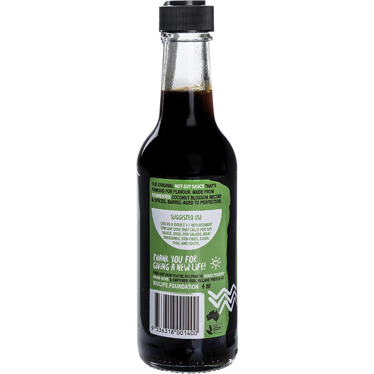 Back label of Niulife Organic Coconut Amino Sauce Original 250ml featuring usage instructions and brand message.