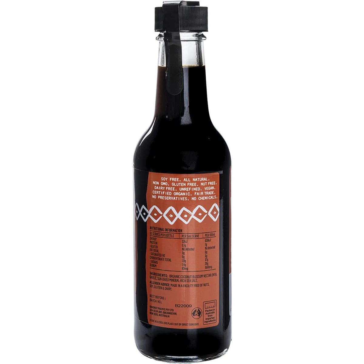 Niulife Organic Coconut Amino Sauce Barbeque 250ml bottle with natural ingredients and nutrition label.
