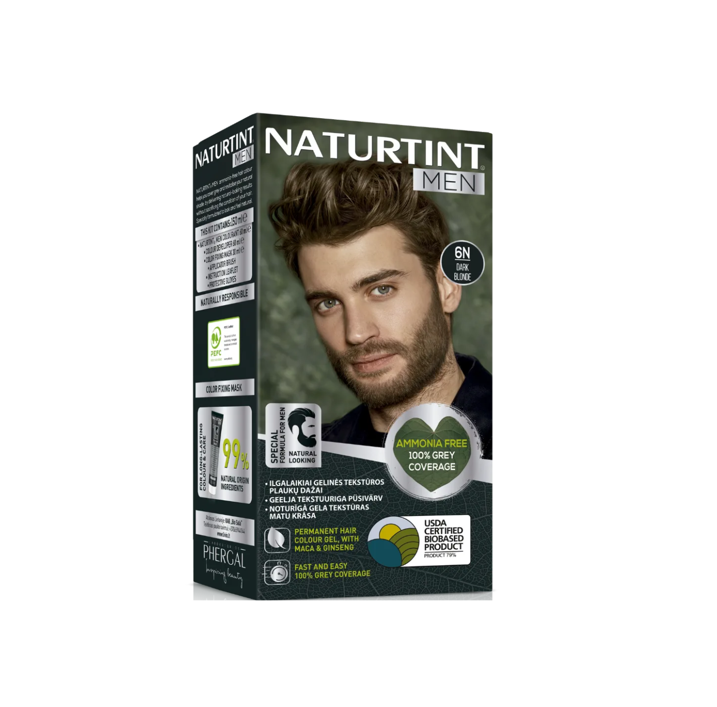 NaturTint Mens Dark Blond Hair Colouring 6N 170ml box with model showing natural hair color and ammonia-free label.