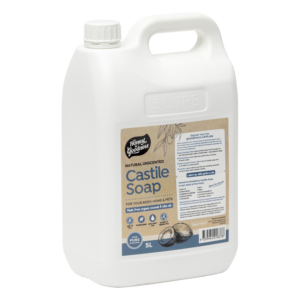Honest To Goodness Natural Unscented Castile Soap 5L back label