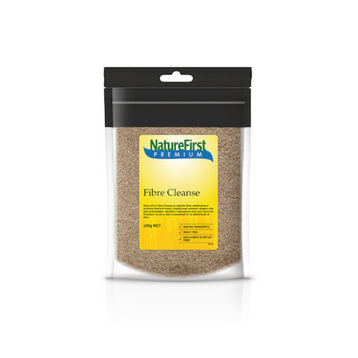 Nature First Fibre Cleanse 400g - Gentle natural fibre mix with psyllium, linseed, oatmeal, and sweet carob powder.