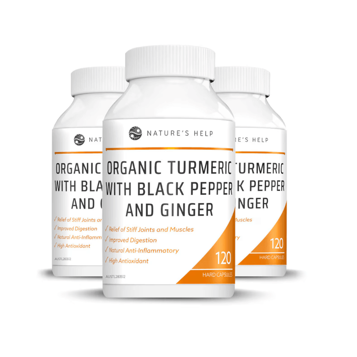 Nature's Help Organic Turmeric with Black Pepper and Ginger 3 Pack bottles for joint relief and digestion improvement.