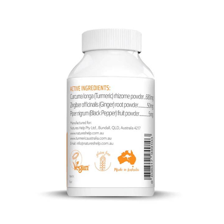 Organic Turmeric with Black Pepper and Ginger supplement bottle showing active ingredients and product labels.