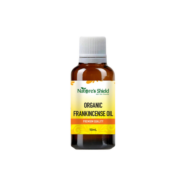 Nature's Shield Organic Frankincense Oil 50ml bottle with label displaying premium quality essential oil.