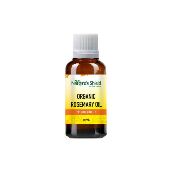 Nature's Shield Rosemary Essential Oil 50ml bottle, certified organic, premium quality.