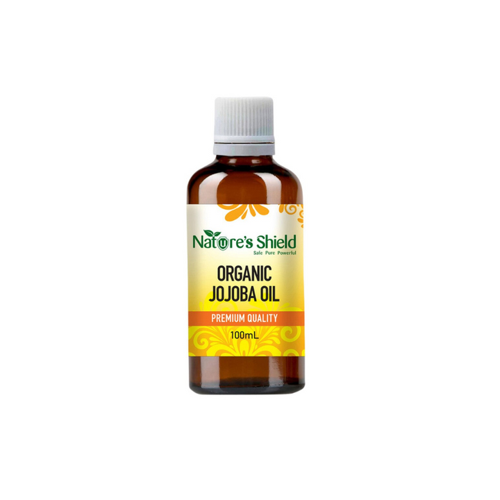 Nature's Shield Organic Jojoba Oil 100ml bottle with premium quality label, showcasing natural and sustainable skincare oil.