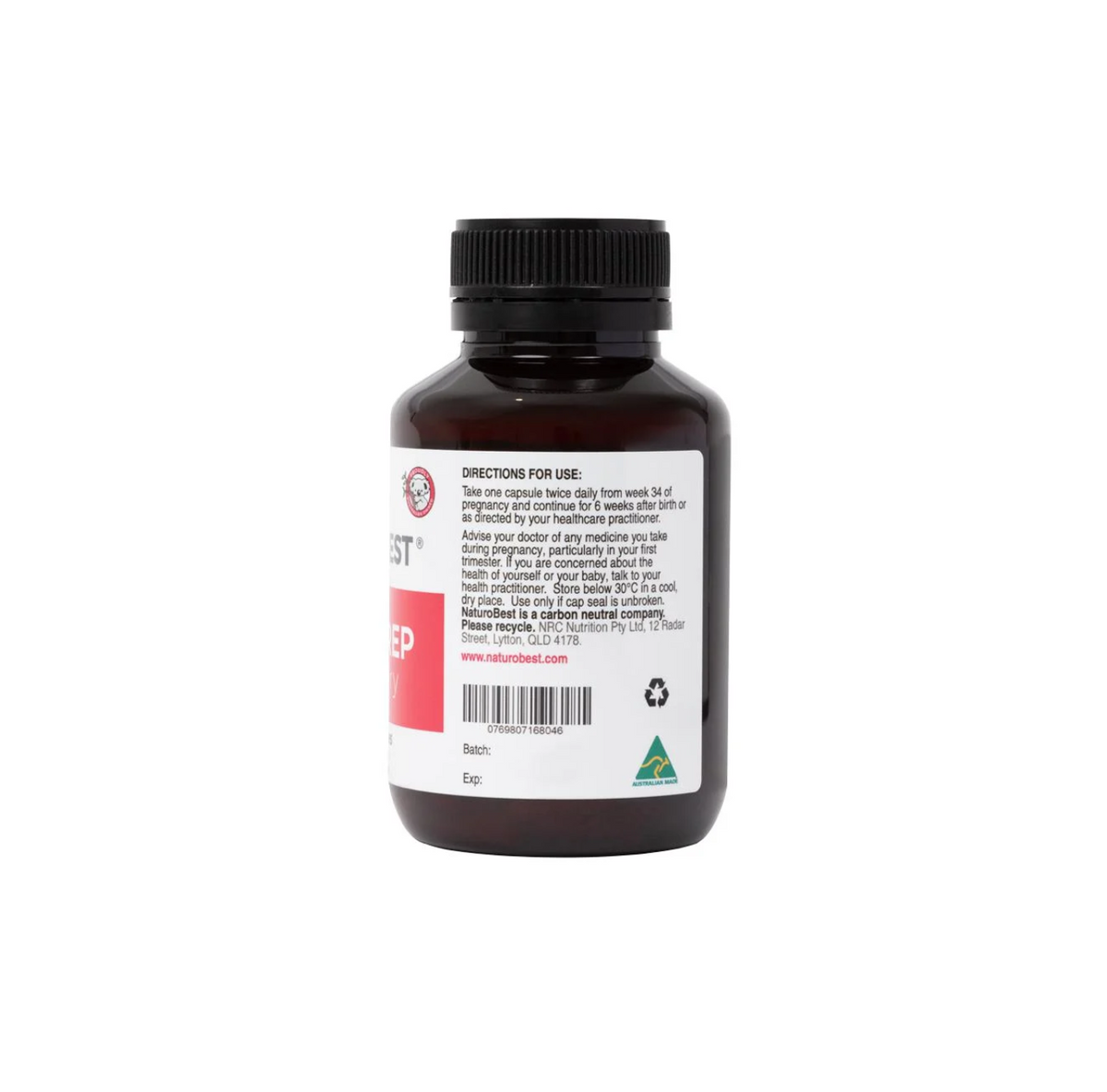 NaturoBest Birth Prep & Recovery 60 Capsules bottle back view with usage directions and ingredients.