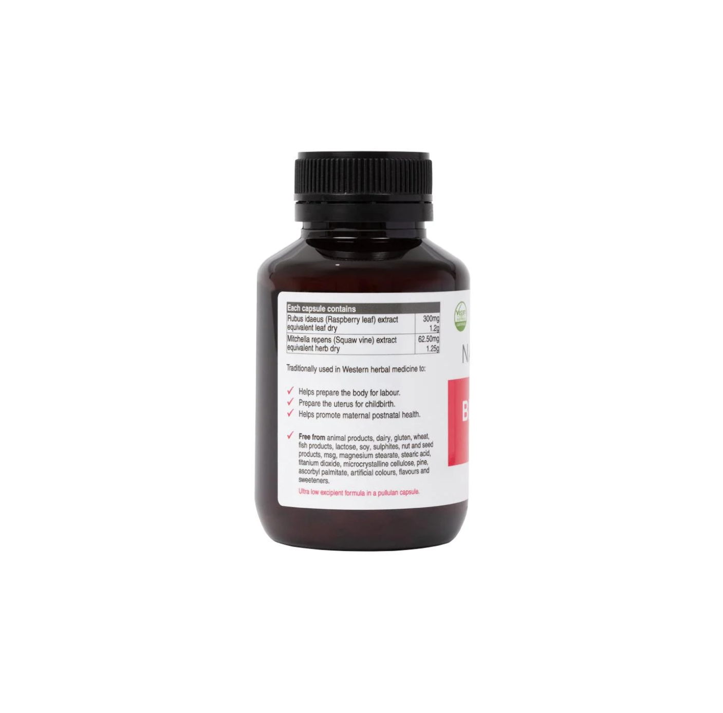 NaturoBest Birth Prep & Recovery 60 Capsules bottle showing ingredients for childbirth support and recovery.