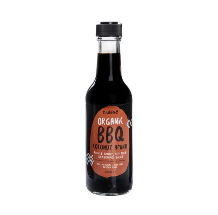 Niulife Organic Coconut Amino BBQ Sauce 250ml, rich, smoky flavor, natural ingredients, gluten-free, soy-free.