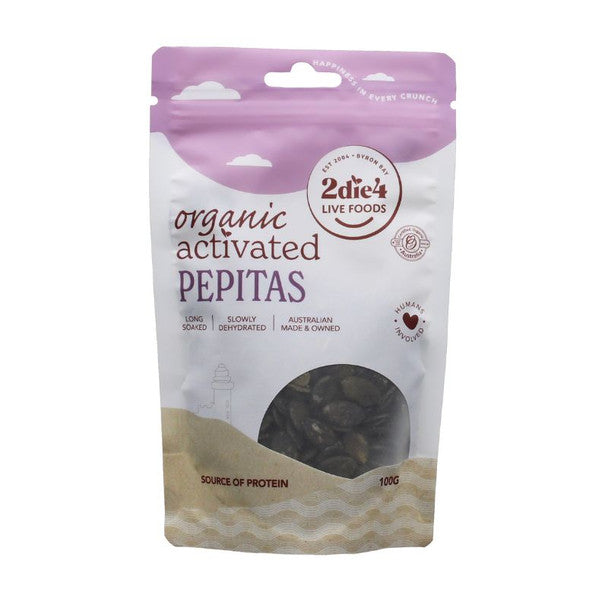 2die4 Live Foods Organic Activated Pepitas 100g front label