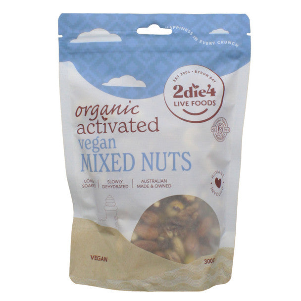 2die4 Live Foods Organic Activated Vegan Mixed Nuts 300g front label