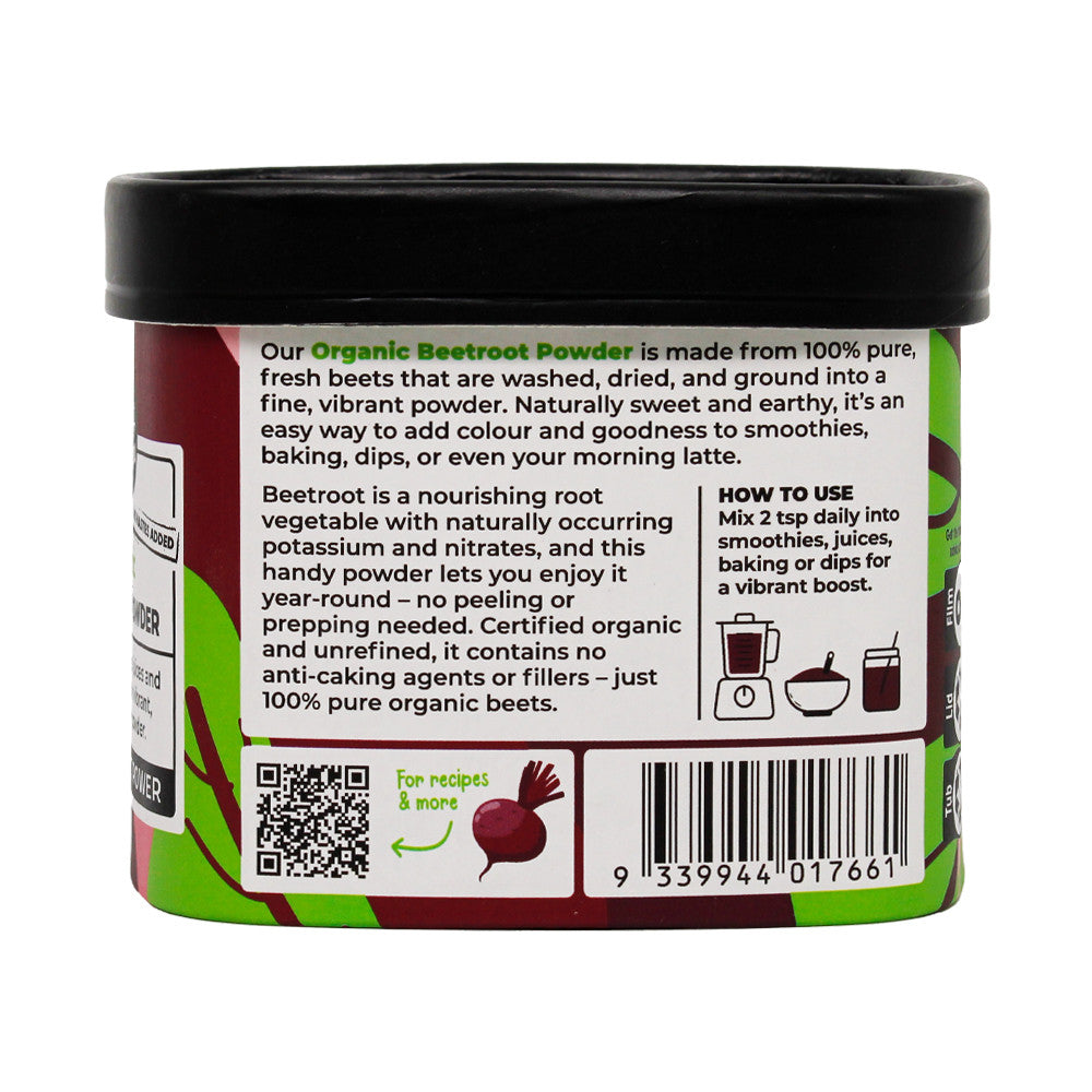 Honest to Goodness Beetroot Powder 300g rear label with ingredients, directions and barcode