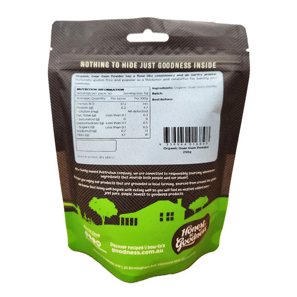 Honest to Goodness Organic Guar Gum Powder 250g back label and product information