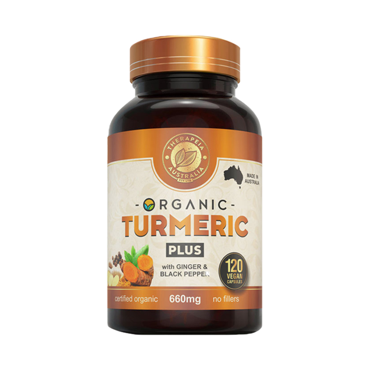 Therapeia Australia Organic Turmeric Capsules With Black Pepper PLUS 120 Caps product packshot