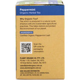 Planet Organic Peppermint Herbal Tea packaging featuring organic ingredients and sustainable practices information.
