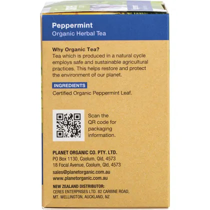 Planet Organic Peppermint Herbal Tea packaging featuring organic ingredients and sustainable practices information.