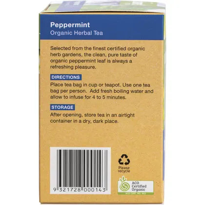 Planet Organic Peppermint Herbal Tea packaging with directions and storage instructions for optimal enjoyment.
