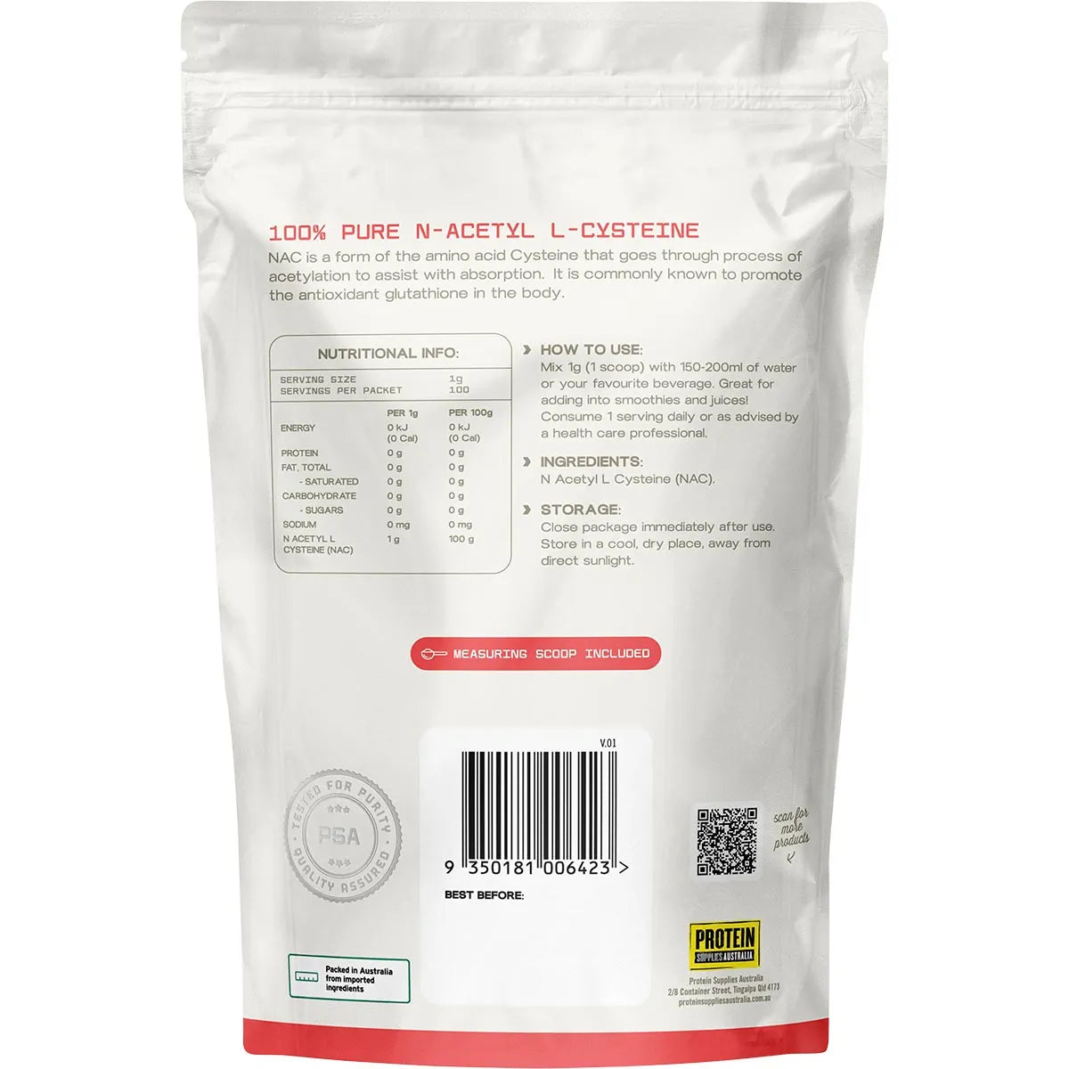 Protein Supplies Australia NAC Unflavoured 100g product image 2