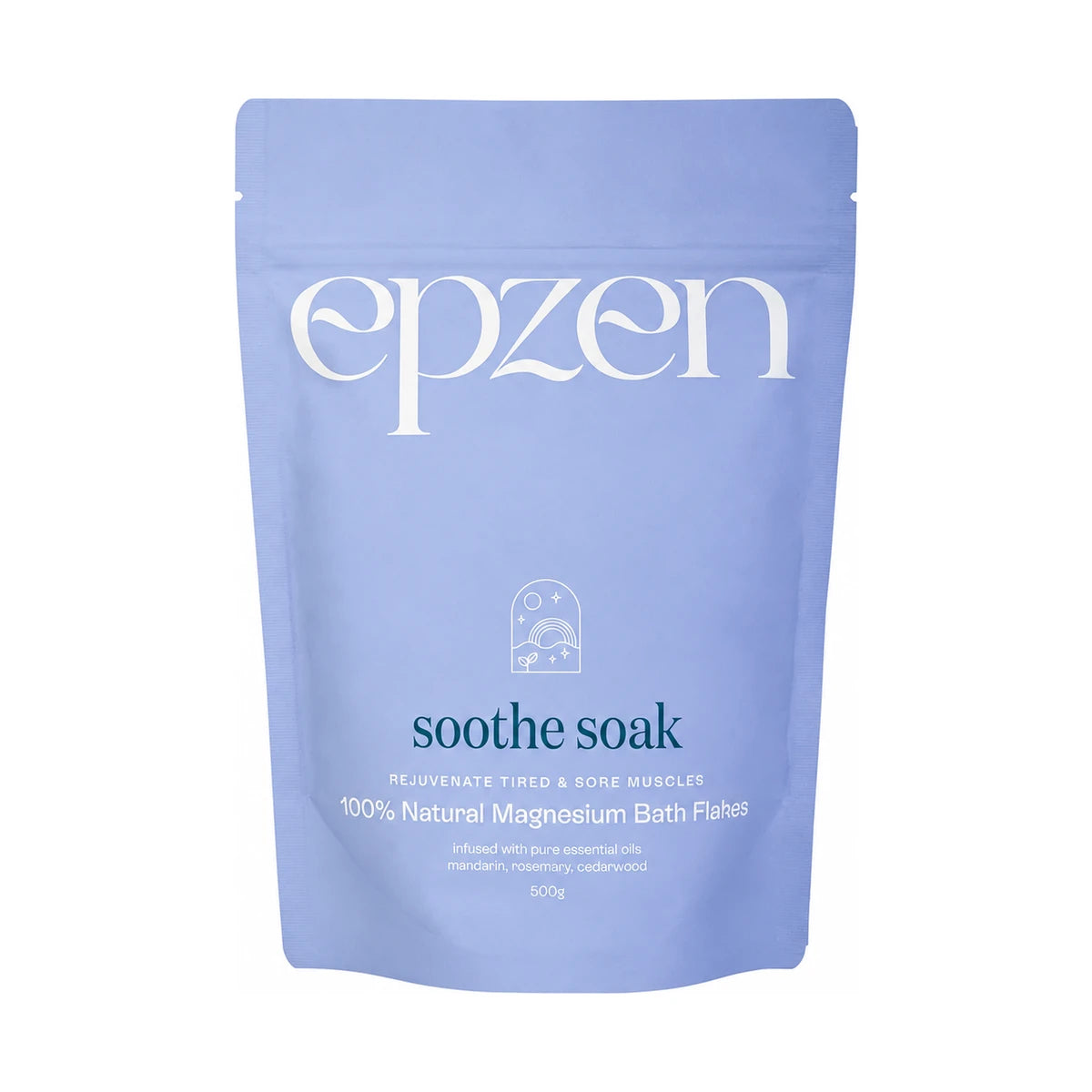 Epzen Soothe Soak Magnesium Bath Flakes 500g — centred packshot on a padded white background