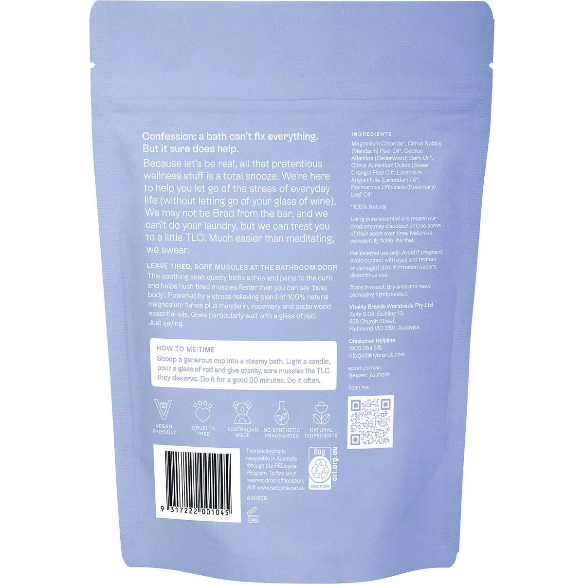 Epzen Soothe Soak Magnesium Bath Flakes 500g — back label with ingredients and directions