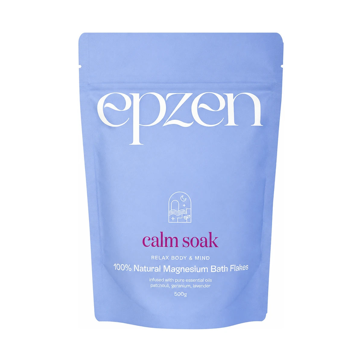 Epzen Calm Soak Magnesium Bath Flakes 500g — centred packshot on a padded white background