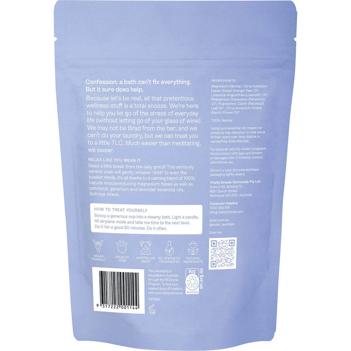 Epzen Calm Soak Magnesium Bath Flakes 500g — back label with ingredients and directions