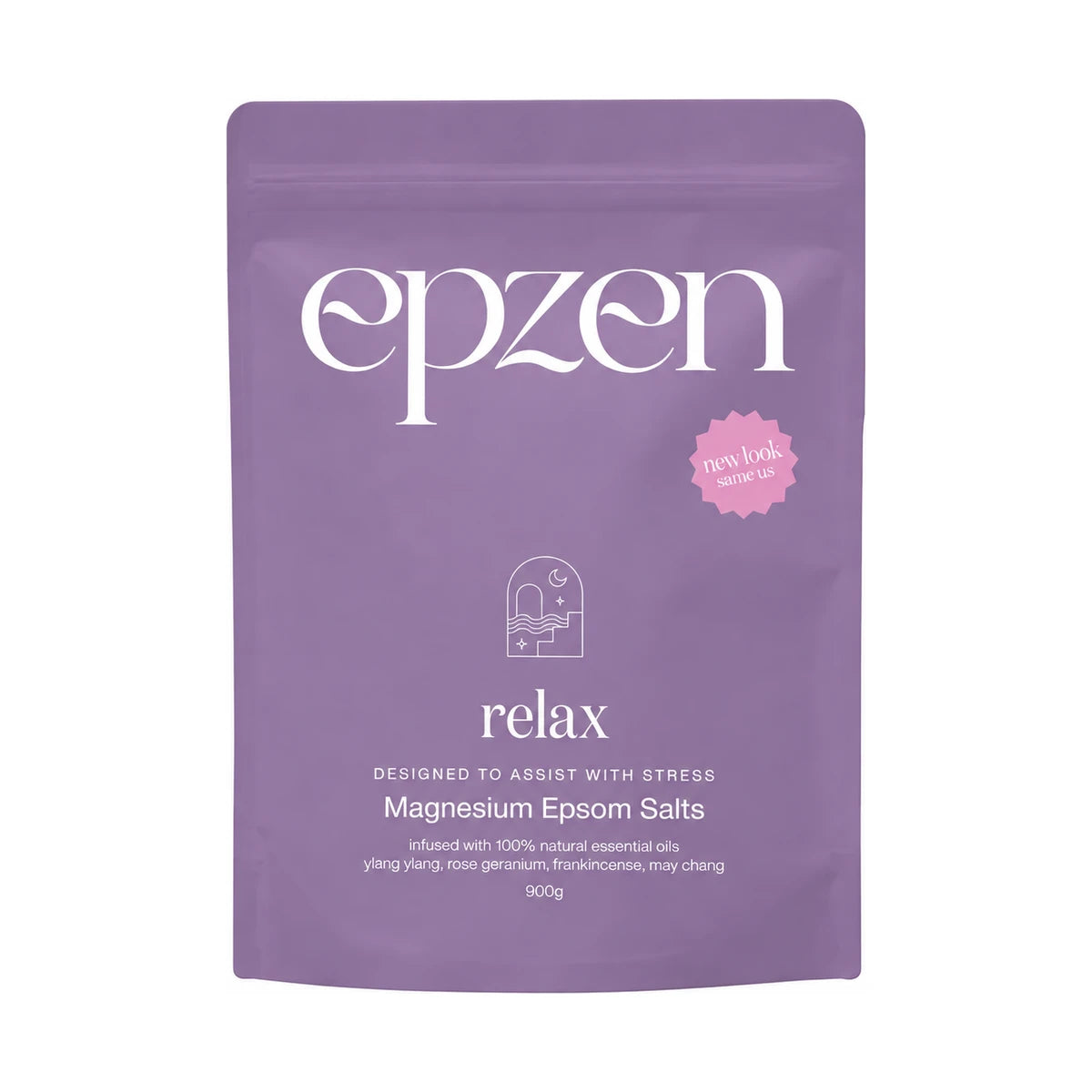 Epzen Relax Magnesium Bath Crystals 900g — centred packshot on a padded white background