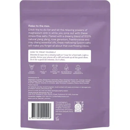 Epzen Relax Magnesium Bath Crystals 900g — back label with ingredients and directions