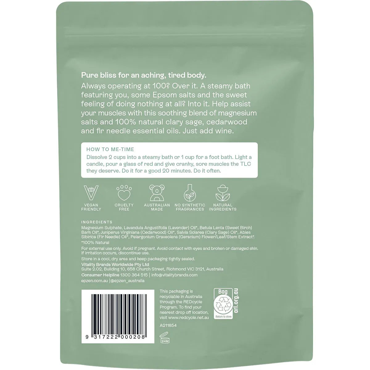 Epzen Soothe Magnesium Bath Crystals 900g — back label with ingredients and directions