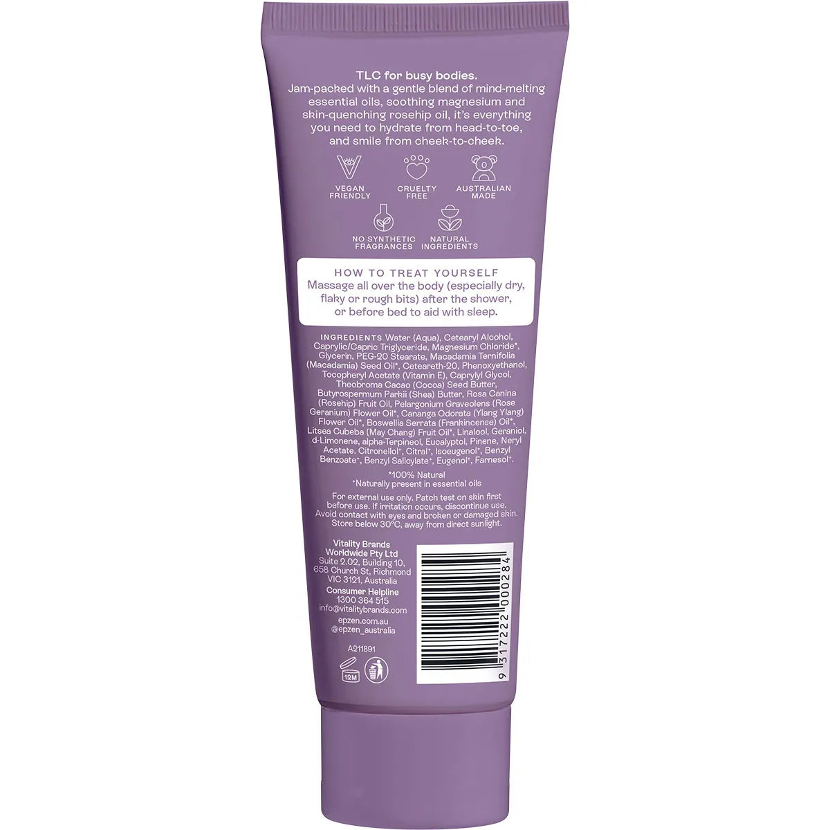 Epzen Magnesium Body Lotion Relax 100ml — back label with ingredients and directions