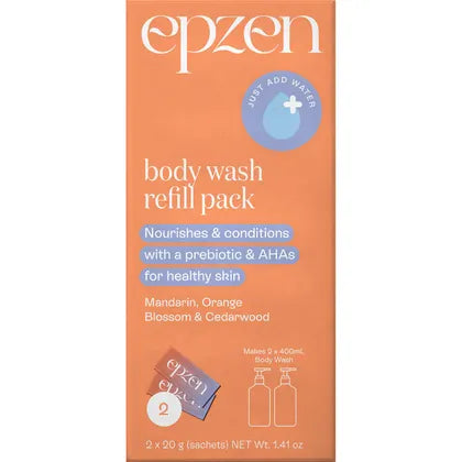 Epzen Body Wash Refill Pack Mandarin Orange Blossom & Cedarwood 2 pack — box showing two 20g sachets and two 400ml refills