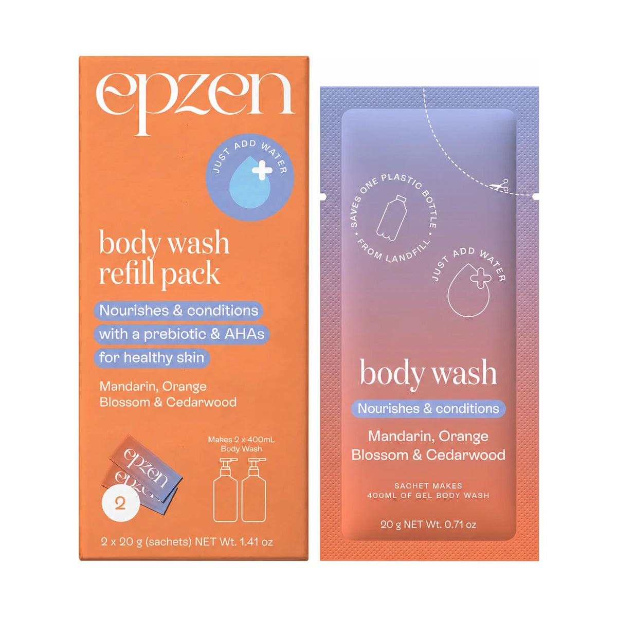 Epzen Body Wash Refill Pack Mandarin Orange Blossom & Cedarwood 2 pack — box and sachet on a padded white background
