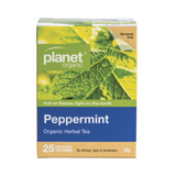 Planet Organic Peppermint Herbal Tea Bags pack with 25 compostable tea bags, made from 100% organic peppermint leaves.
