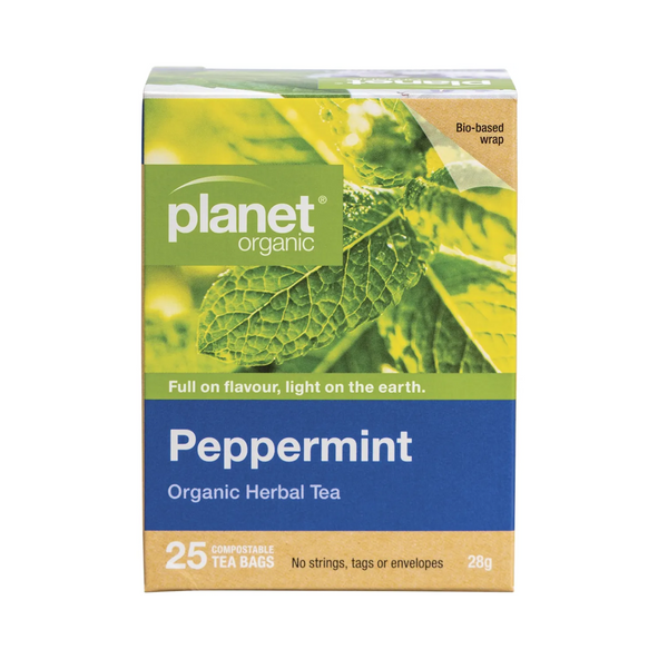 Planet Organic Peppermint Herbal Tea Bags pack with 25 compostable tea bags, made from 100% organic peppermint leaves.