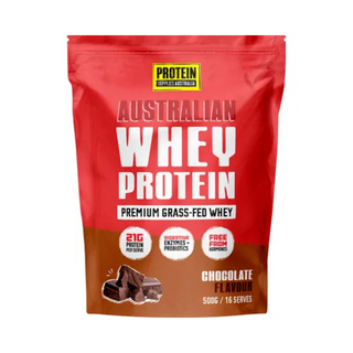 Protein Supplies Australia Australian Whey Protein Chocolate 500g bag featuring rich chocolate flavor and nutritional benefits.
