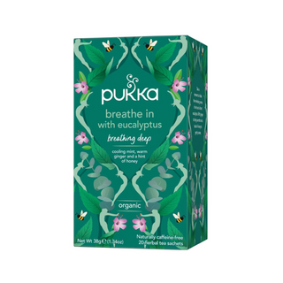 Pukka Herbs Breathe In Tea Bags, 20 pack with mint, eucalyptus, ginger, and honey for refreshing wellbeing.