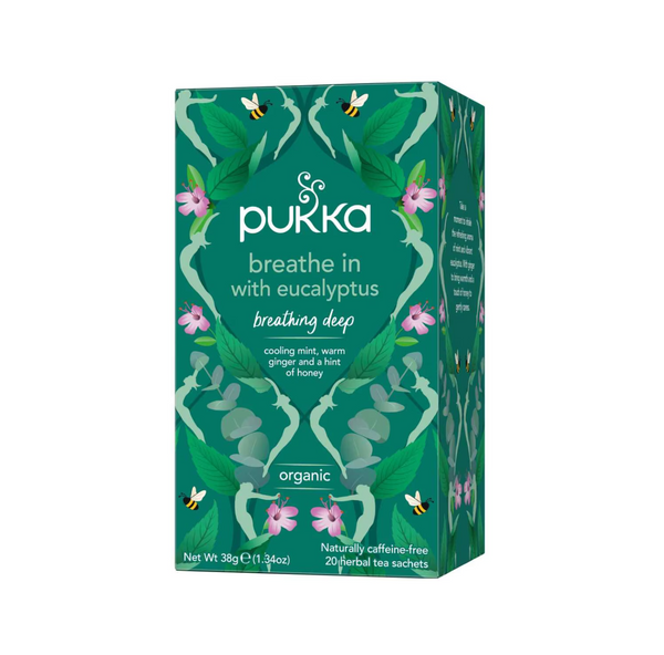 Pukka Herbs Breathe In Tea Bags, 20 pack with mint, eucalyptus, ginger, and honey for refreshing wellbeing.