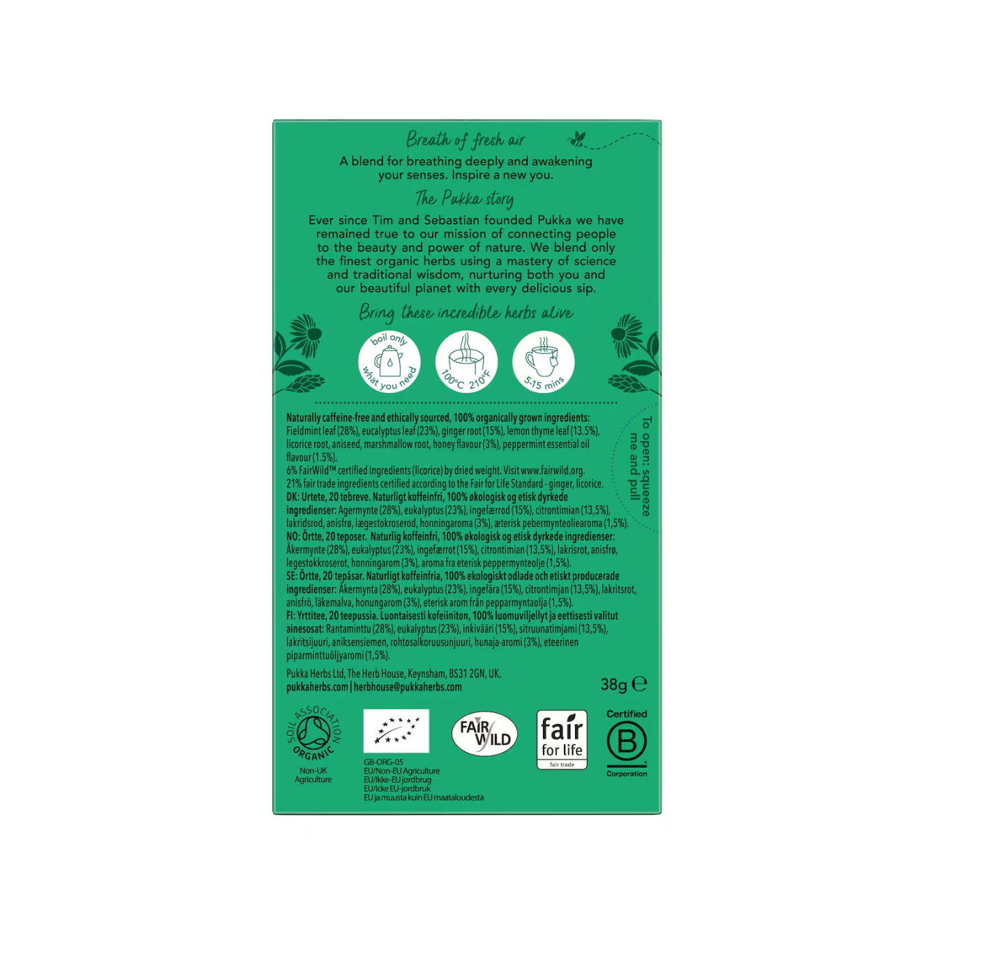 Back of Pukka Herbs Breathe In Tea Bags packaging, featuring herbal blend information and organic ingredients.