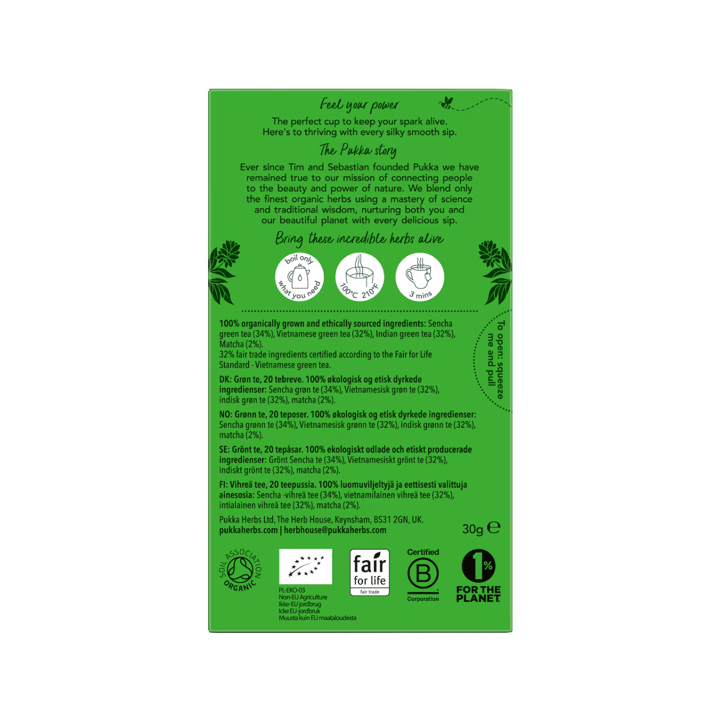 Pukka Herbs Supreme Matcha Green Tea Bags 20 Pack back view with ingredient details and preparation instructions.