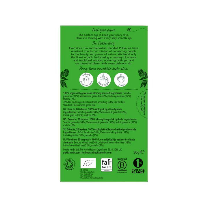 Pukka Herbs Supreme Matcha Green Tea Bags 20 Pack back view with ingredient details and preparation instructions.