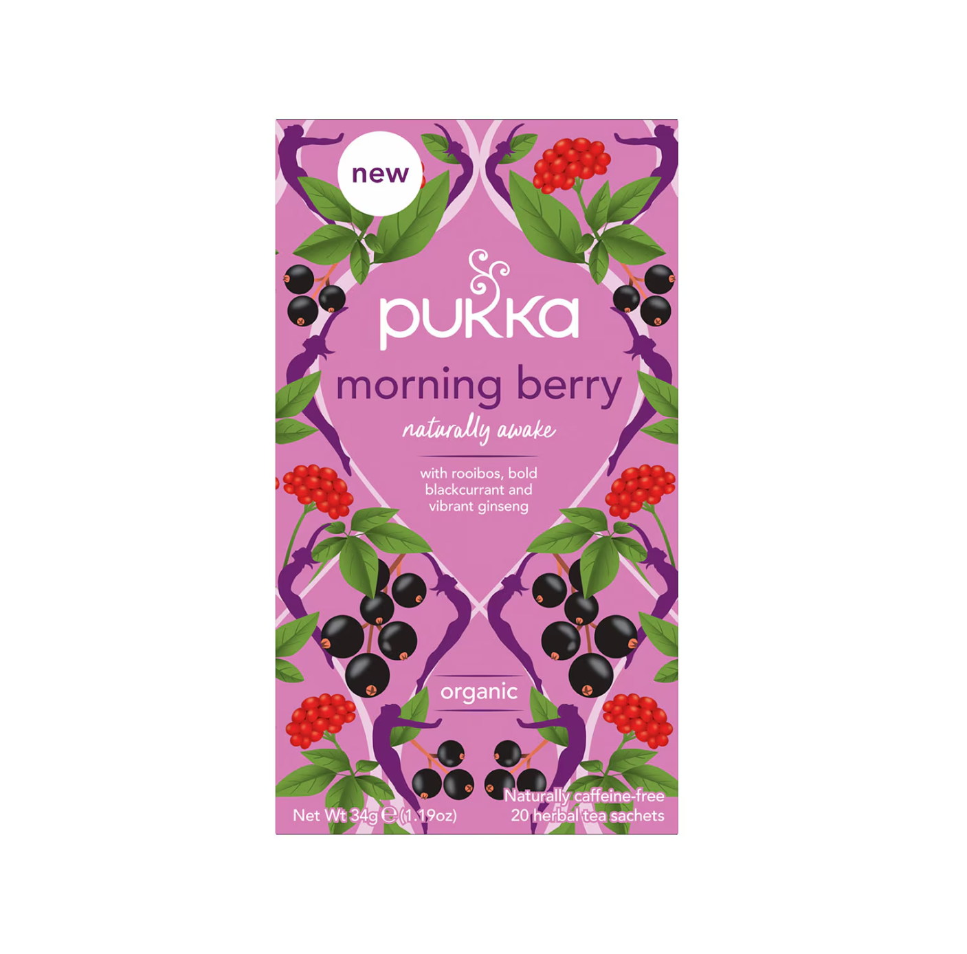 Pukka Herbs Morning Berry Tea Bags 20 Pack, organic herbal blend with rooibos, blackcurrant, and ginseng.