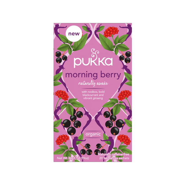 Pukka Herbs Morning Berry Tea Bags 20 Pack, organic herbal blend with rooibos, blackcurrant, and ginseng.